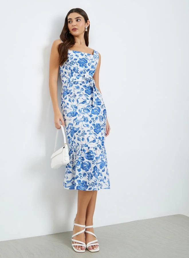 Styli  Women Blue Floral Print Strappy A-Line Midi Dress for Women | Best Price UAE